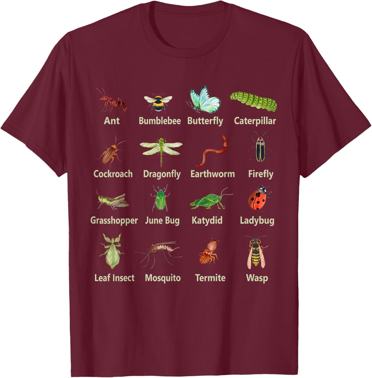 Types of Insects Funny Insect Names Bug Entomologist Kids T-Shirt - T-Shirt | Maroon