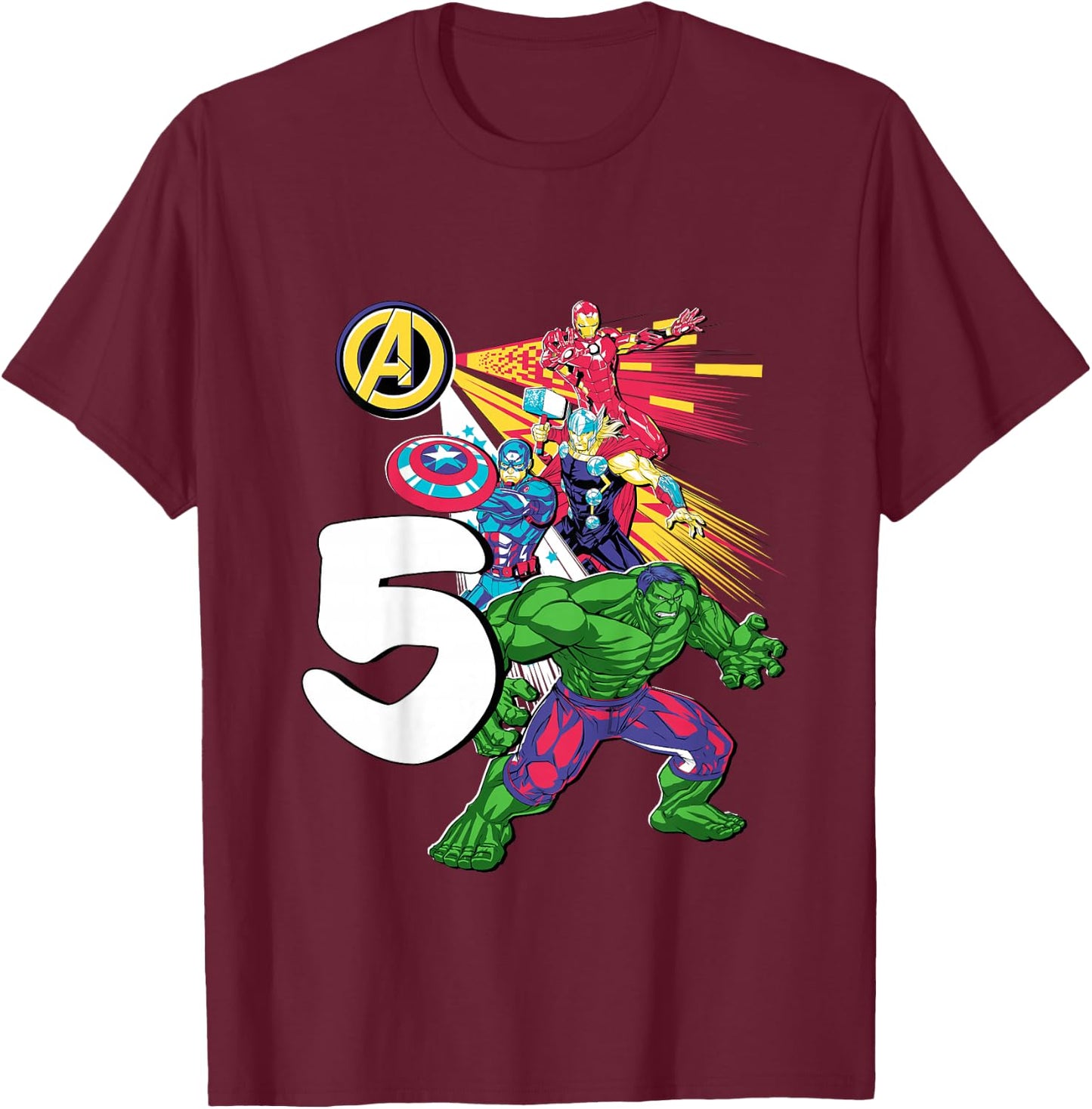 Marvel Super Heroes Avengers 5 Year Old Fifth Birthday T-Shirt - T-Shirt | Maroon
