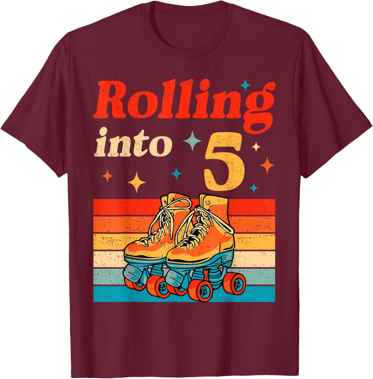 Rolling Into 5 Years Old Retro Roller Skater 5th Birthday T-Shirt - T-Shirt | Maroon