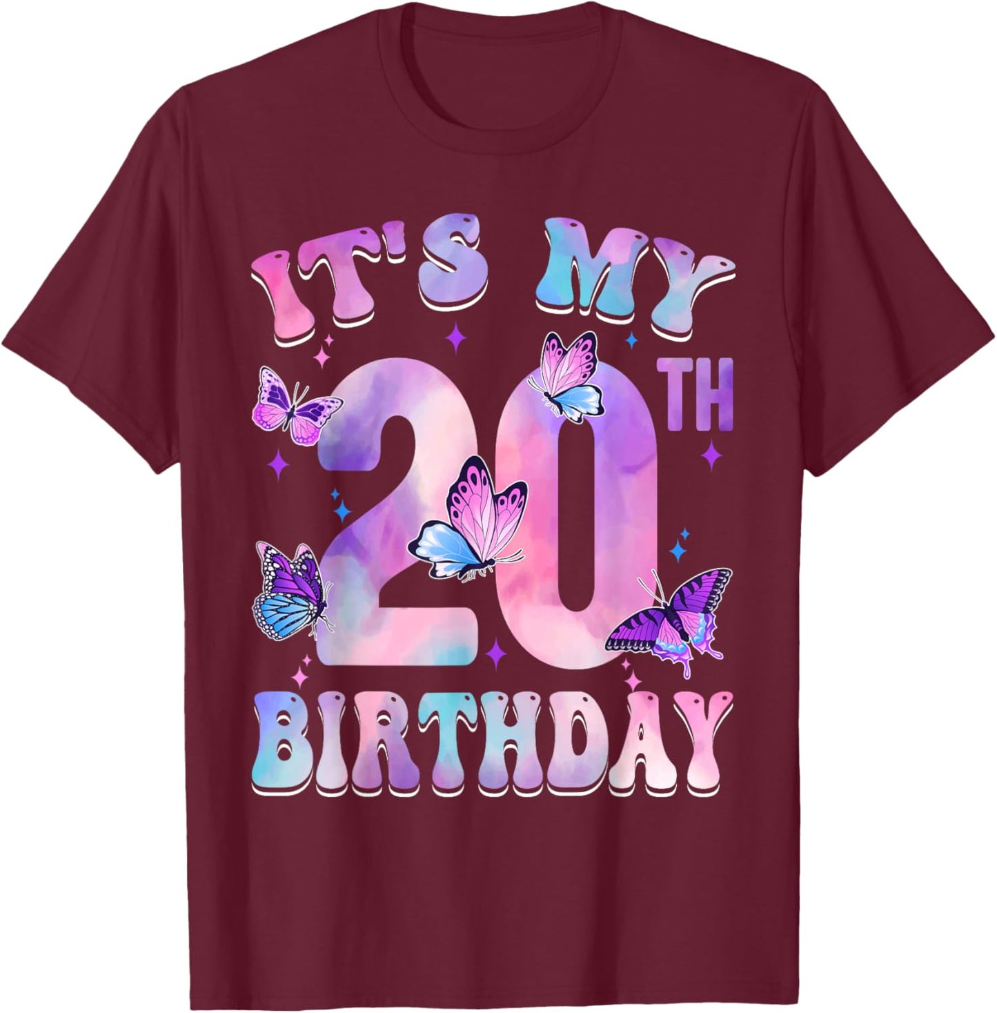 It's My 20th Birthday Butterfly Theme 20 Year Old Party Girl T-Shirt - T-Shirt | Maroon