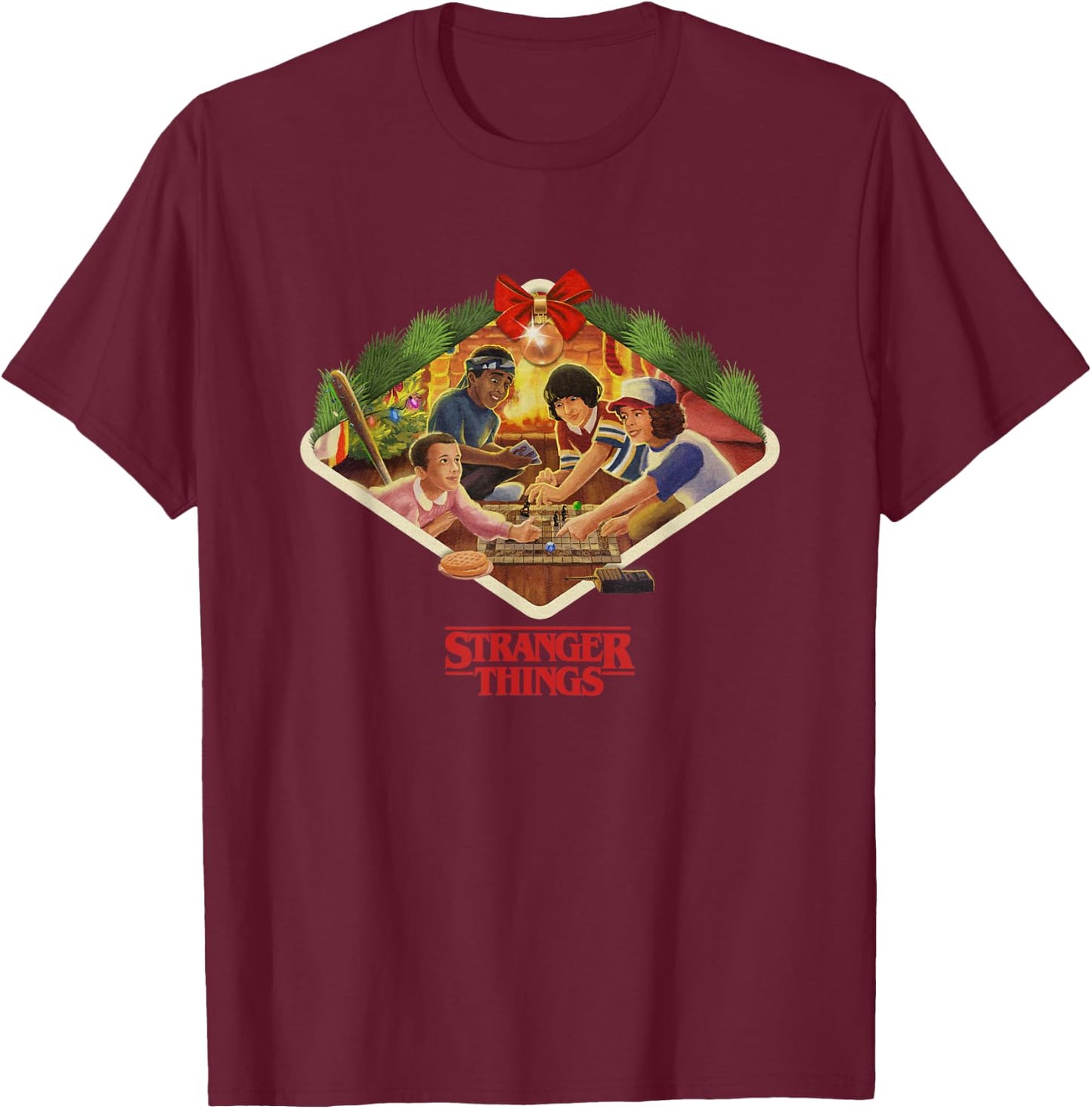 Stranger Things Christmas Main Characters Cozy Chest Frame T-Shirt - T-Shirt | Maroon