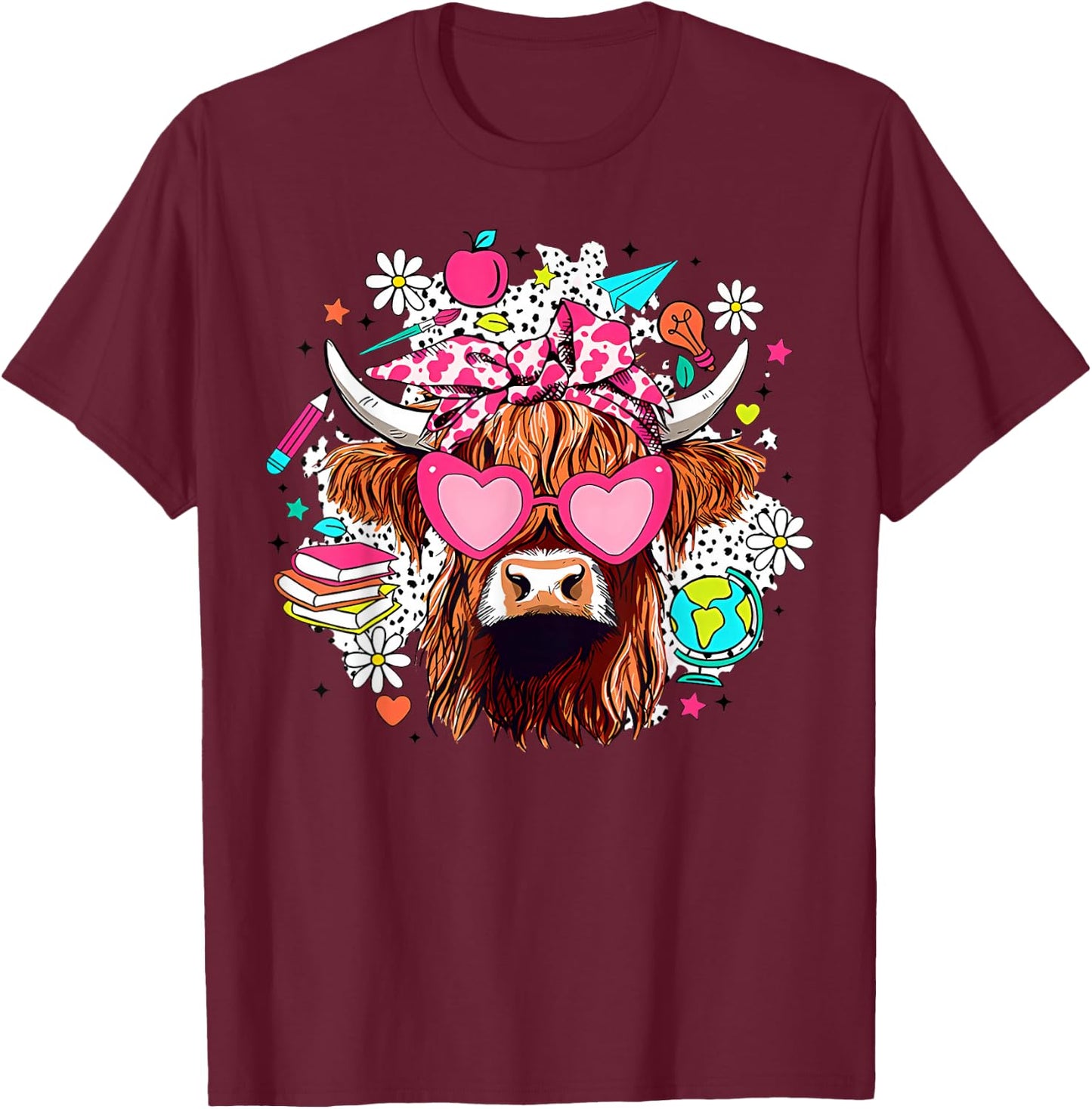 Retro Cute Highland Cow Teacher Bow Flower Heart Glasses T-Shirt - T-Shirt | Maroon