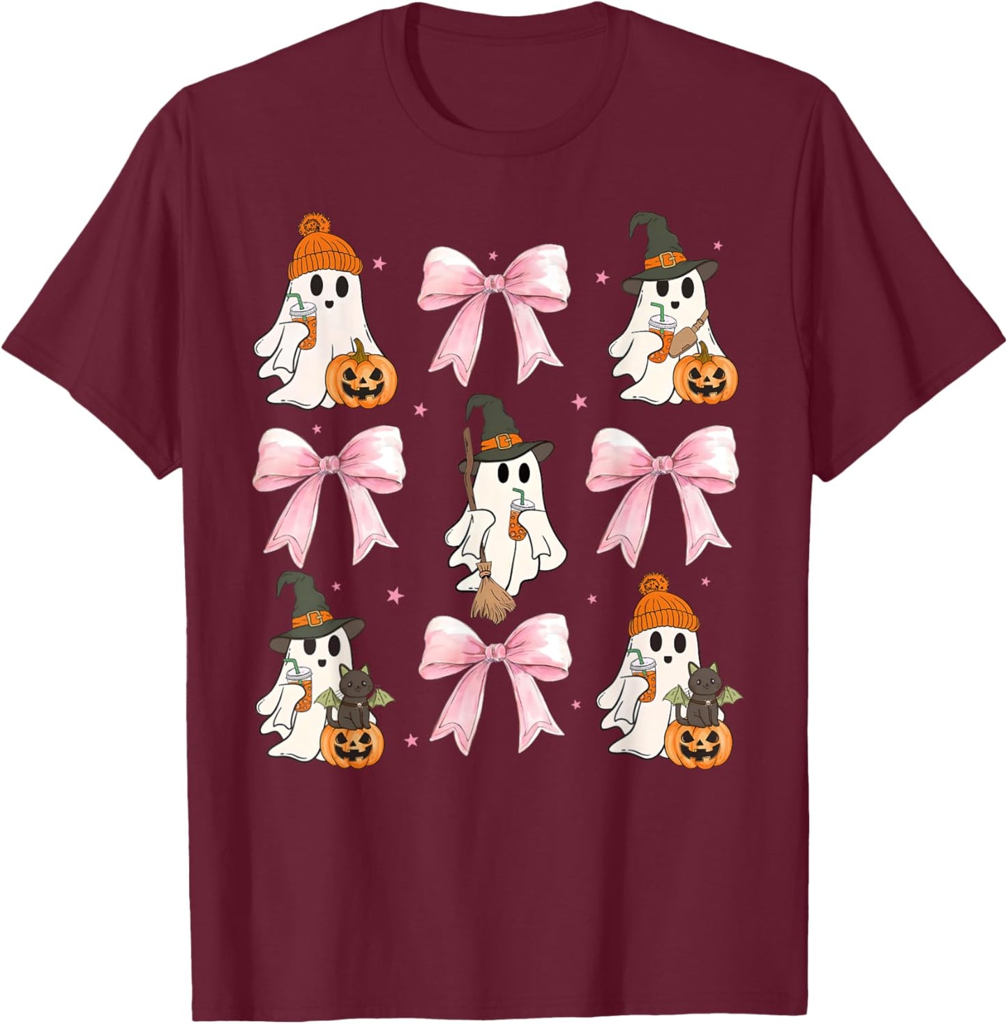Pink Bow Cute Coquette Ghost Drinking Coffee Funny Halloween T-Shirt - T-Shirt | Maroon
