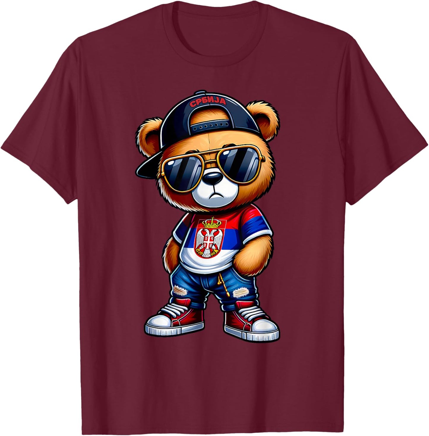 Cute Serbian Teddy Bear with Serbia Flag Yugoslavia Gift T-Shirt - T-Shirt | Maroon