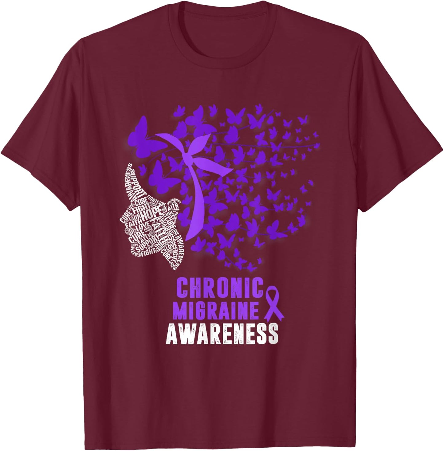 Chronic Migraine Awareness Month Butterfly Purple Ribbon T-Shirt - T-Shirt | Maroon