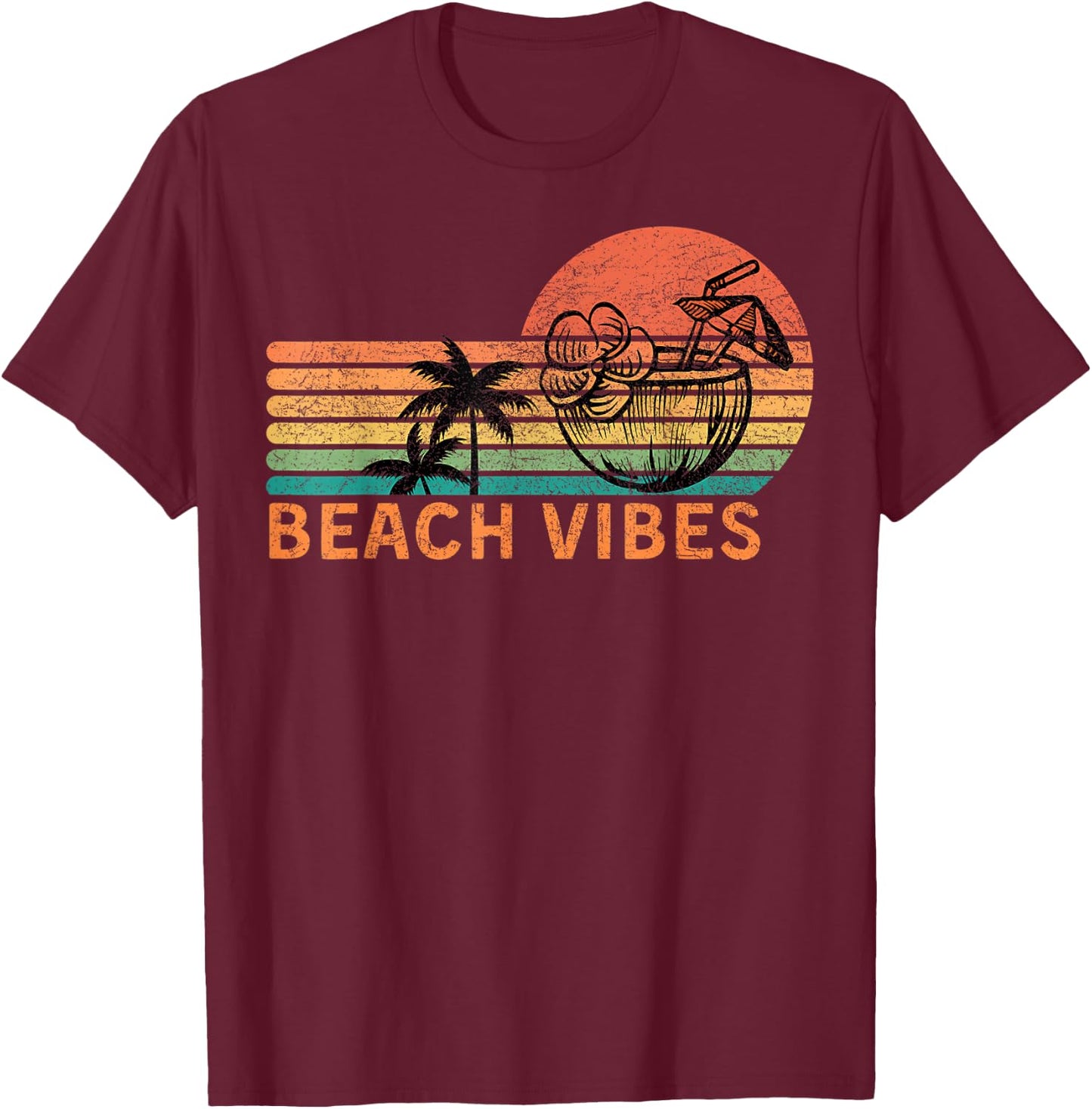 Vintage Beach Vibes Coconut Cocktail Palm Trees Retro Sunset Men Women T-Shirt - T-Shirt | Maroon