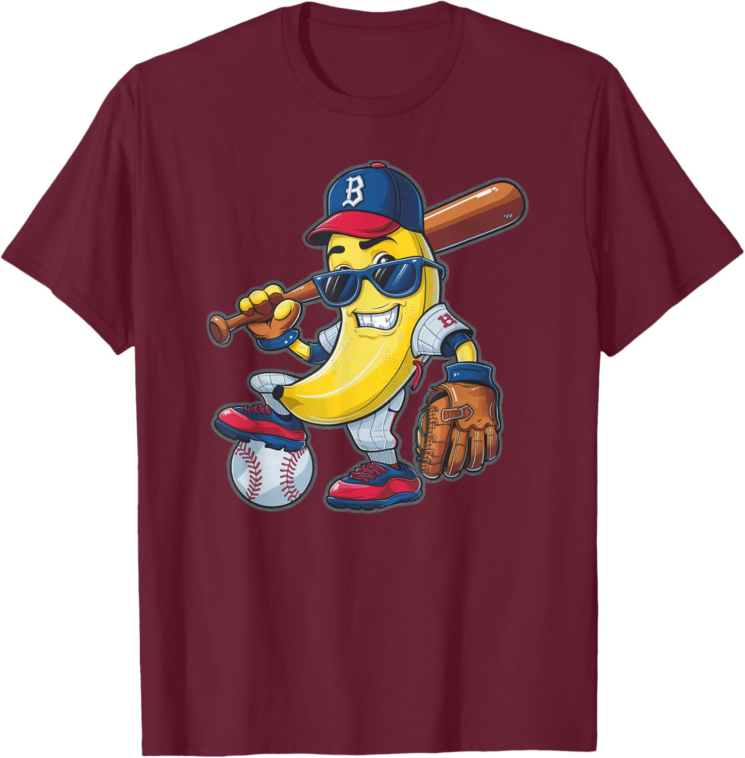Funny Banana Playing Baseball Bananas Player Baseball Fruit T-Shirt - T-Shirt | Maroon