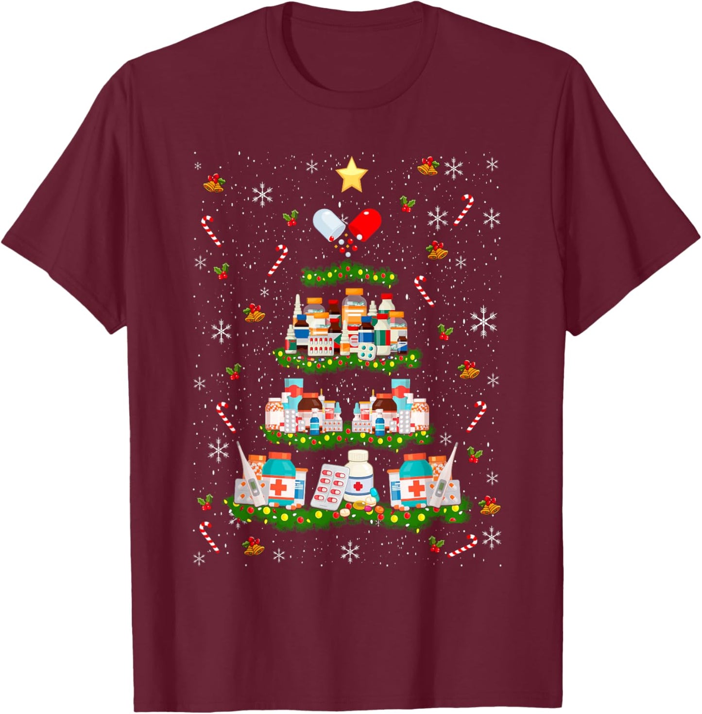 Pharmacy Christmas Tree Medication Fun Ugly Sweater T-Shirt - T-Shirt | Maroon
