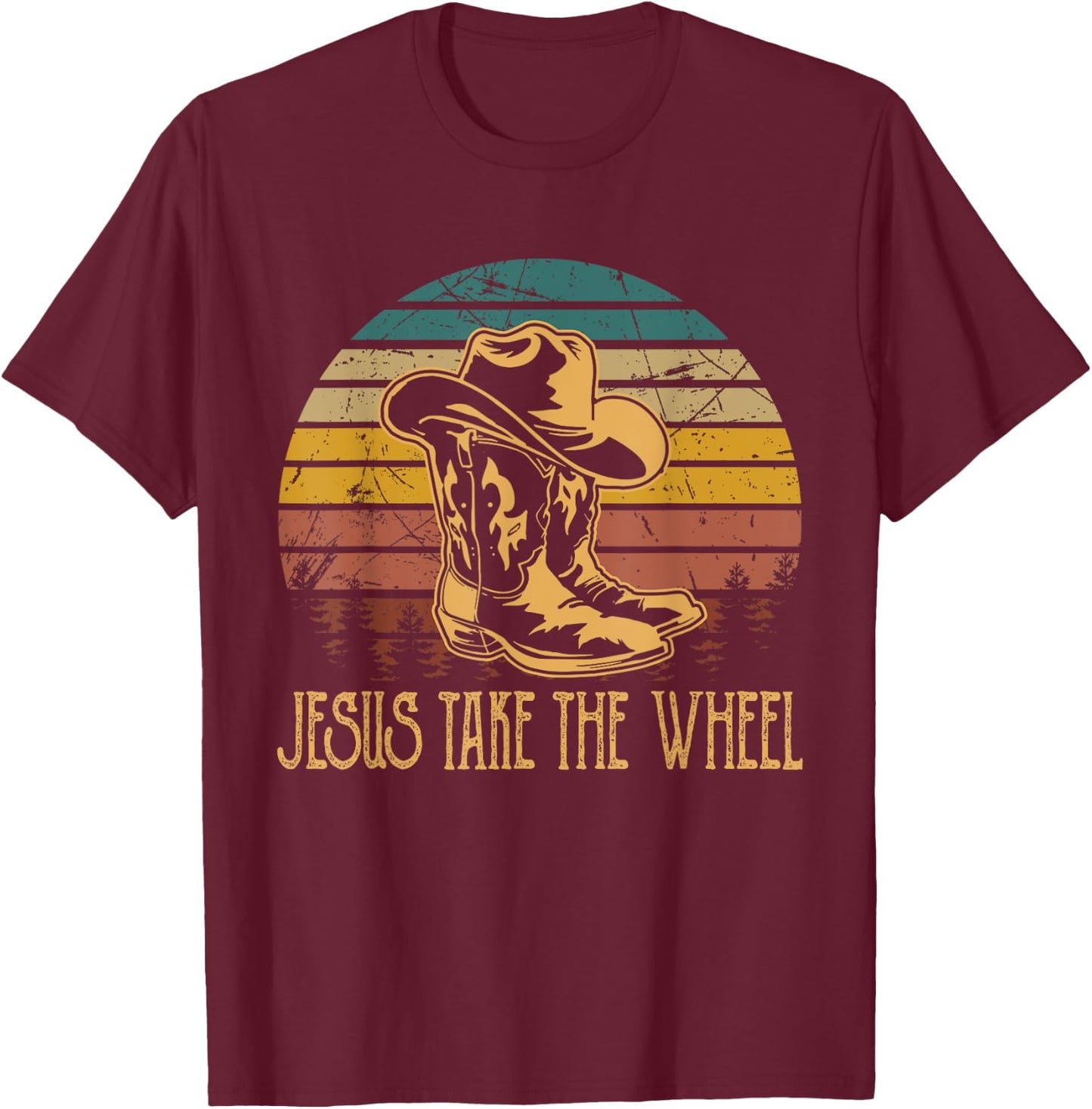 Vintage Funny Music Designs Jesus Take The Wheel Western Horse Riding T-Shirt - T-Shirt | Maroon