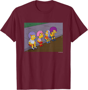 The Simpsons Iconic Characters Road Wigs Group Shot Logo T-Shirt - T-Shirt | Maroon