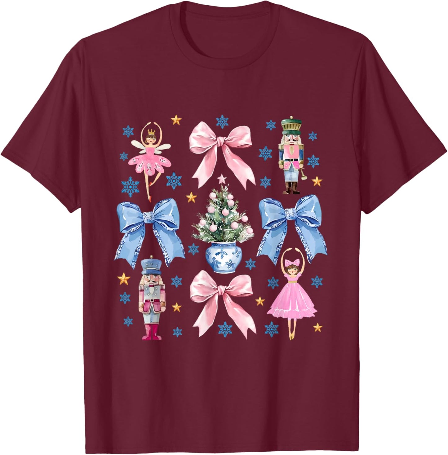 Coquette Pink Blue Bow Nutcracker Xmas Merry Christmas T-Shirt - T-Shirt | Maroon
