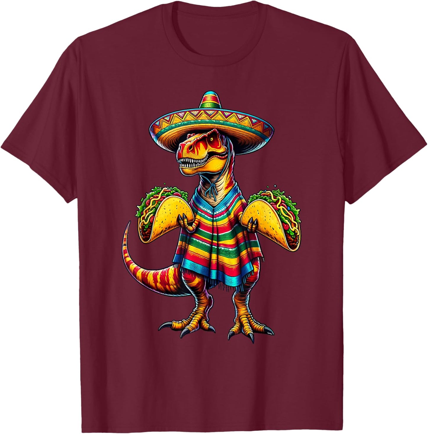 T-rex Dinosaur Taco Lover Cinco de Mayo Sombrero Poncho T-Shirt - T-Shirt | Maroon