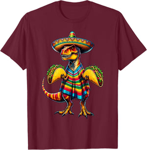 T-rex Dinosaur Taco Lover Cinco de Mayo Sombrero Poncho T-Shirt - T-Shirt | Maroon