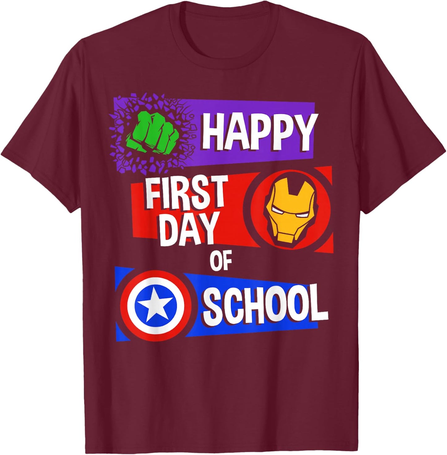 Marvel Avengers Happy First Day of School Text T-Shirt - T-Shirt | Maroon