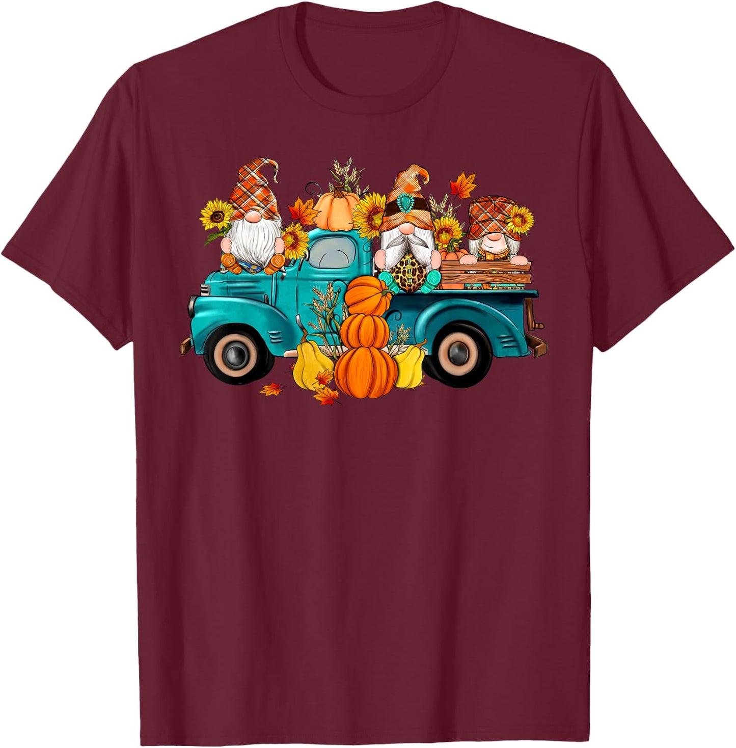 Cute Gnomes Truck Sunflower Pumpkin Fall Autumn Season T-Shirt - T-Shirt | Maroon