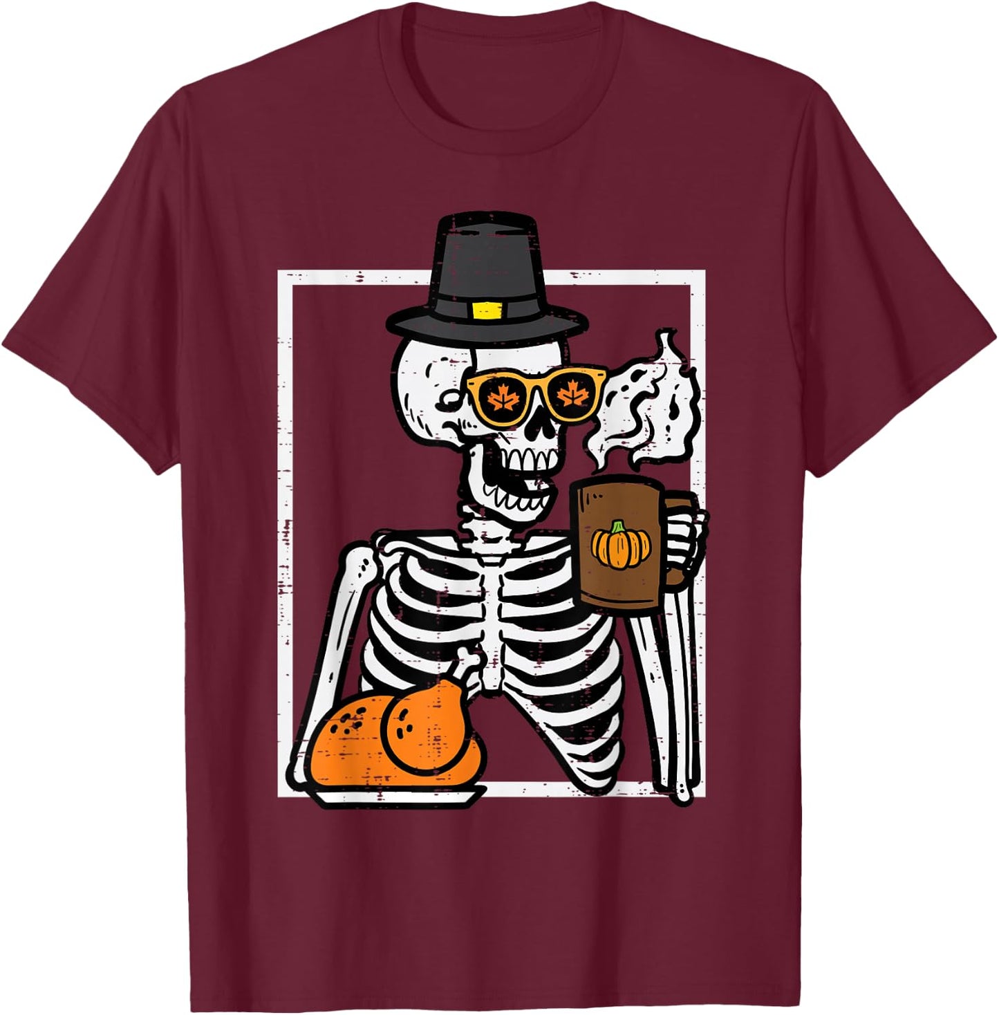 Thanksgiving Skeleton Coffee Funny Fall Men Women Kids T-Shirt - T-Shirt | Maroon