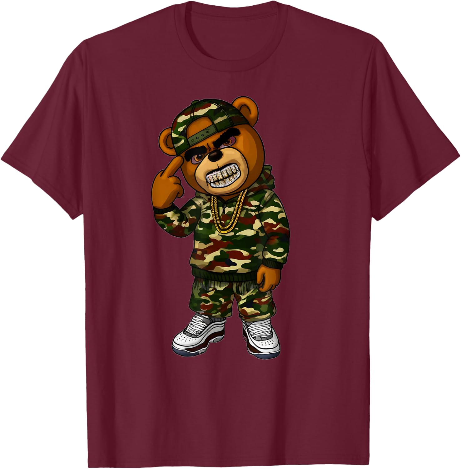 Camo Hip Hop Teddy Bear Camouflage Gangsta Streetwear Hustle T-Shirt - T-Shirt | Maroon