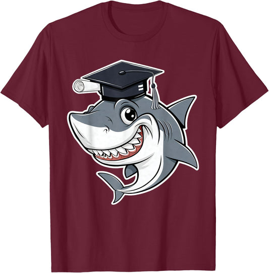 Great White Shark Graduation Cap Class of 2025 Shark Lover T-Shirt - T-Shirt | Maroon