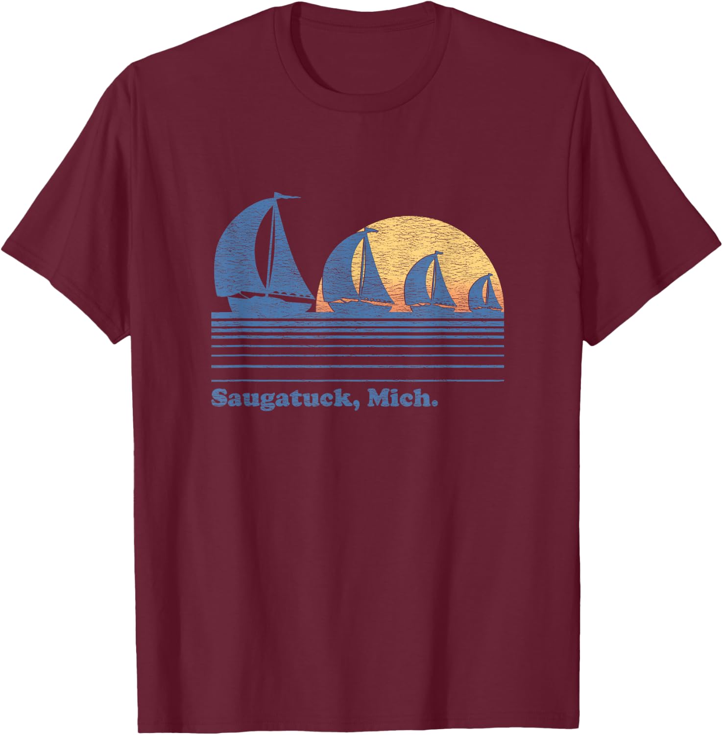 Saugatuck MI Sailboat Vintage 80s Sunset T-Shirt - T-Shirt | Maroon