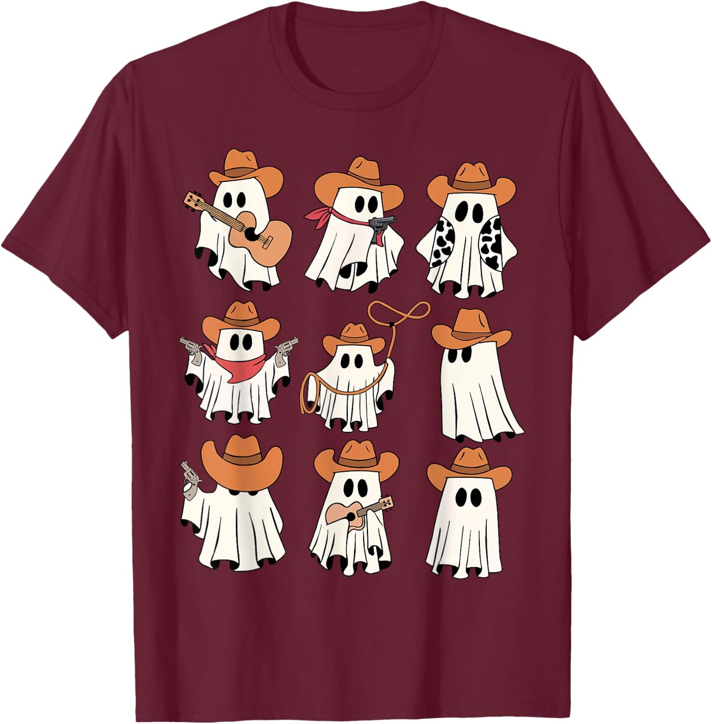 Retro Western Halloween Cowboy Ghost Collage Spooky Season T-Shirt - T-Shirt | Maroon