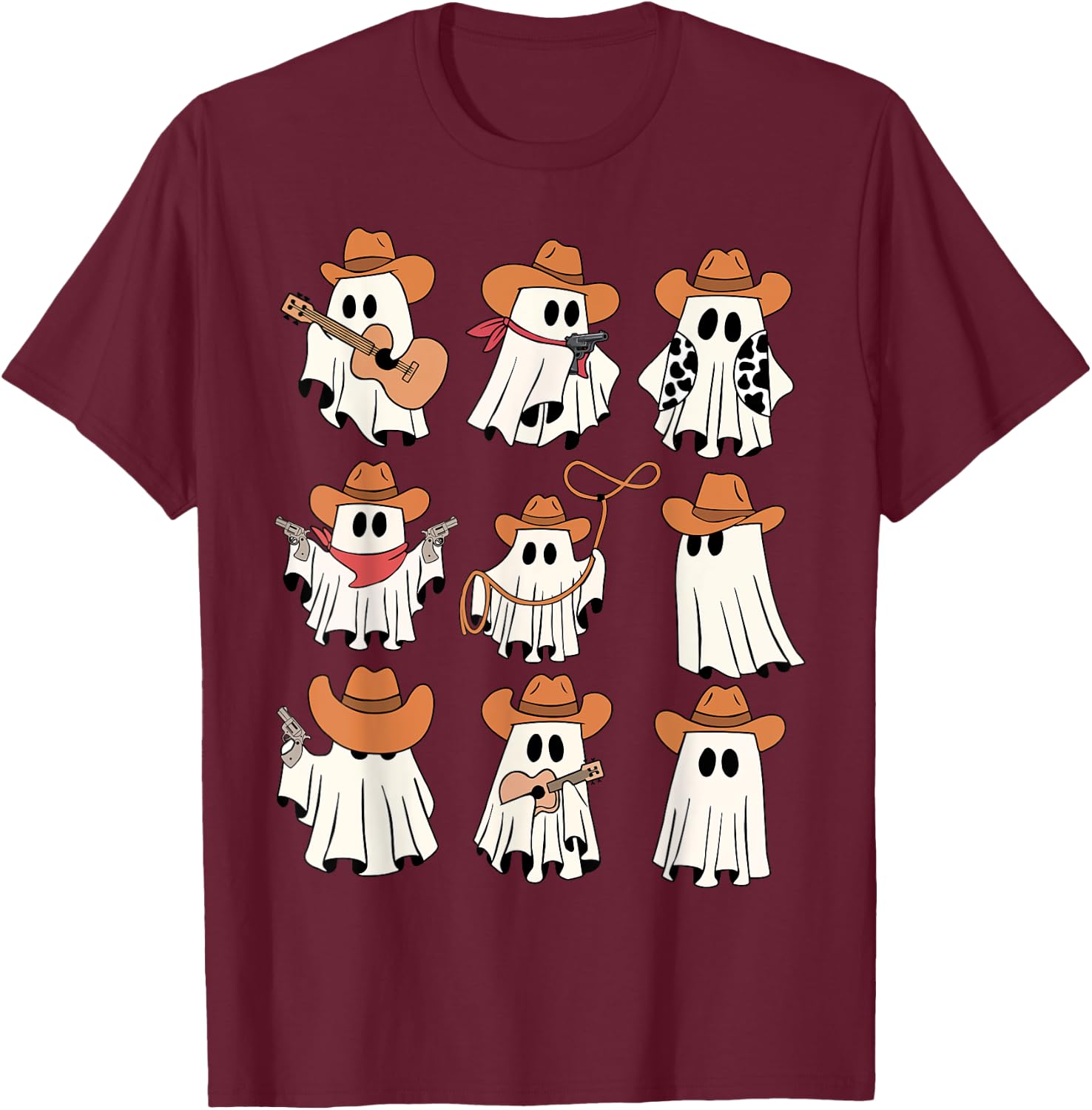 Retro Western Halloween Cowboy Ghost Collage Spooky Season T-Shirt - T-Shirt | Maroon