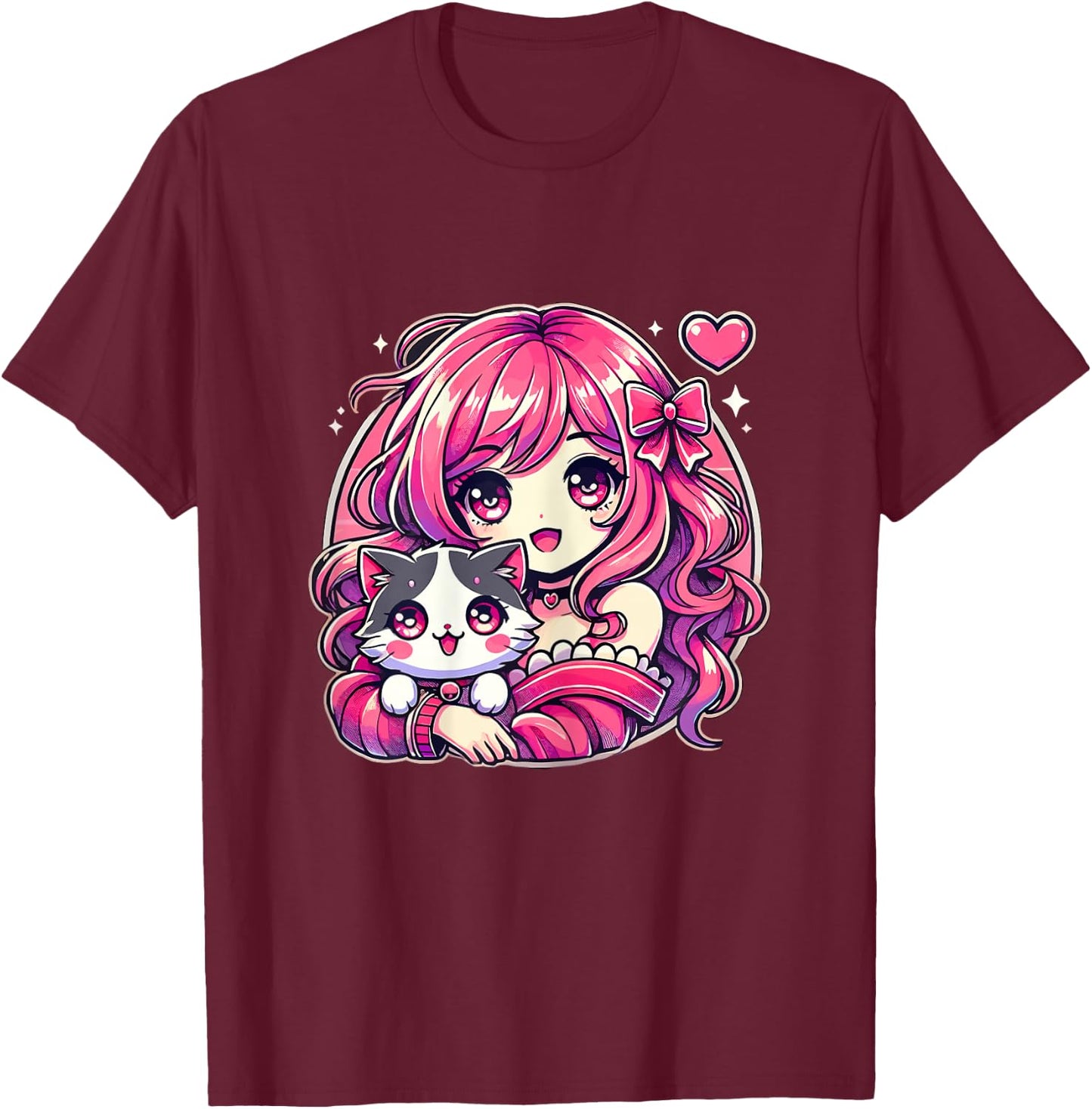 Anime Girl and Cat Kawaii Manga Girl T-Shirt - T-Shirt | Maroon