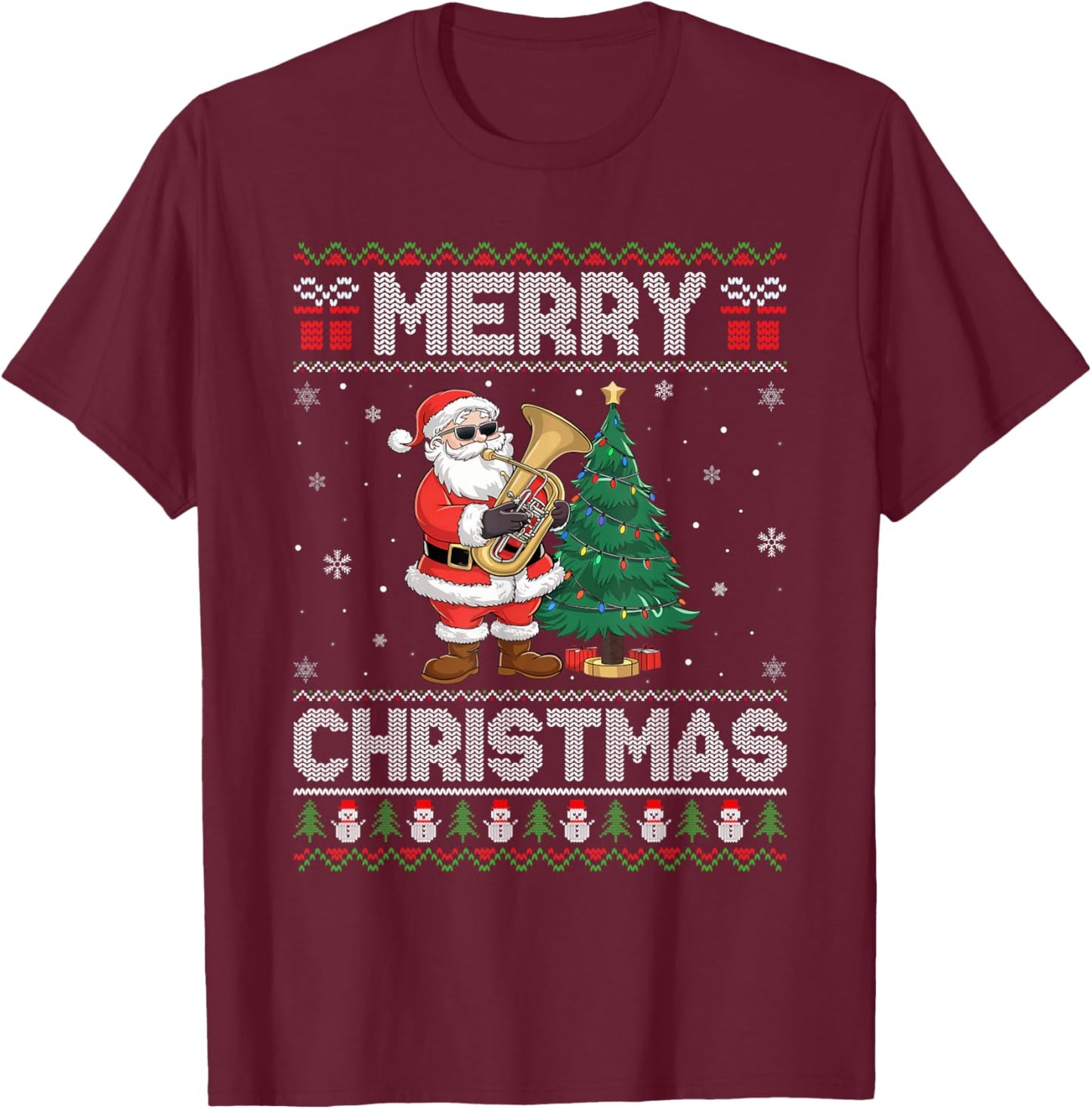 Santa Playing Tuba Men Women Kids Ugly Christmas T-Shirt - T-Shirt | Maroon