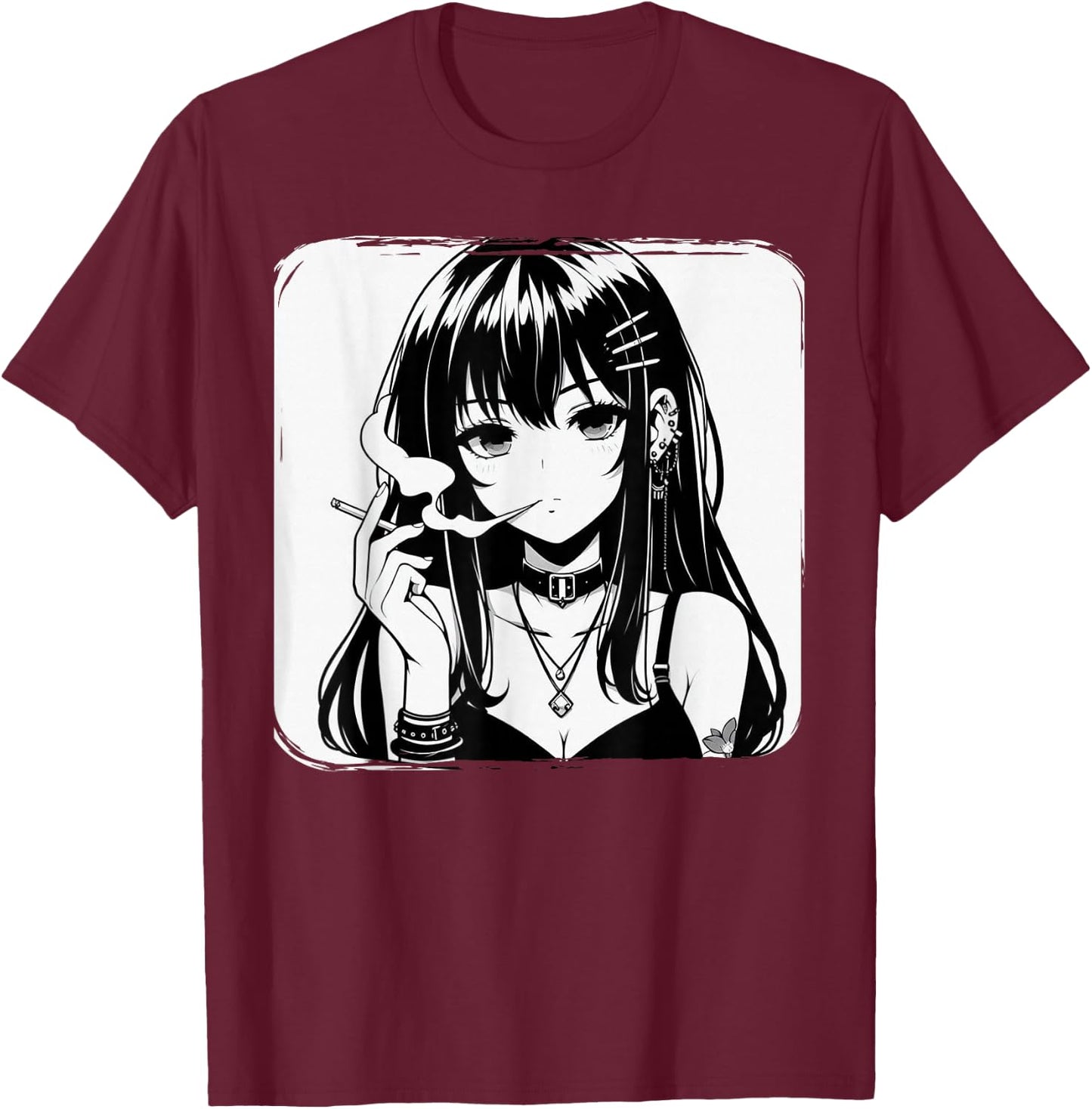 Anime Horror Girl Aesthetic Grunge Waifu Japanese Otaku T-Shirt - T-Shirt | Maroon