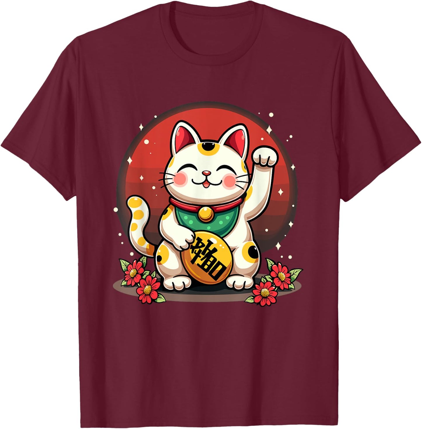 Maneki Neko Japanese Cat Chinese Feng Shui Wealth Caller T-Shirt - T-Shirt | Maroon