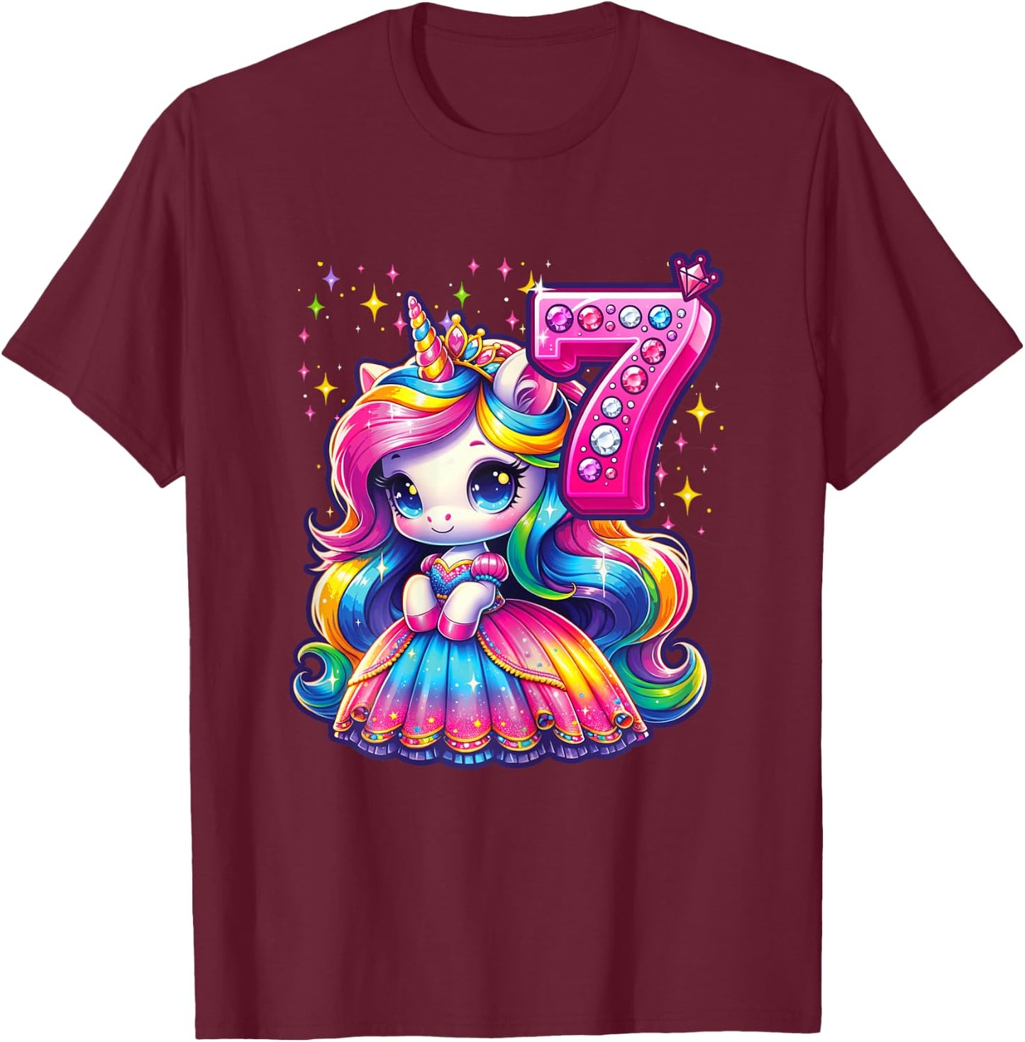 Unicorn Princess 7th Birthday 7 Year Old Party Girl Outfit T-Shirt - T-Shirt | Maroon