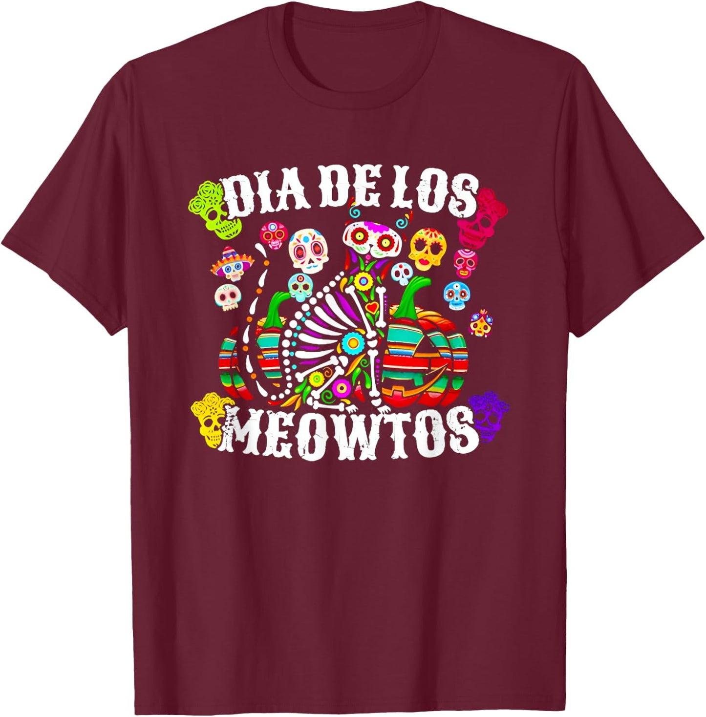 Dia De Los Meowtos Mexicano T-Shirt - T-Shirt | Maroon