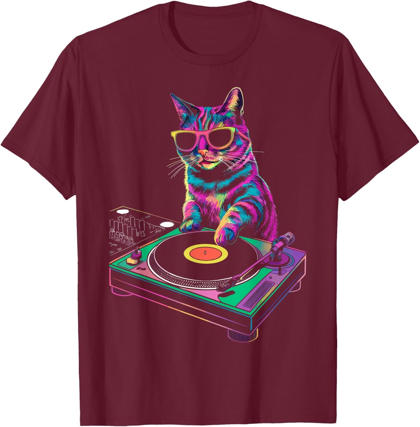 House DJ Cat Rainbow DJ Cat Kitty on Turntable Disco DJ Cat T-Shirt - T-Shirt | Maroon
