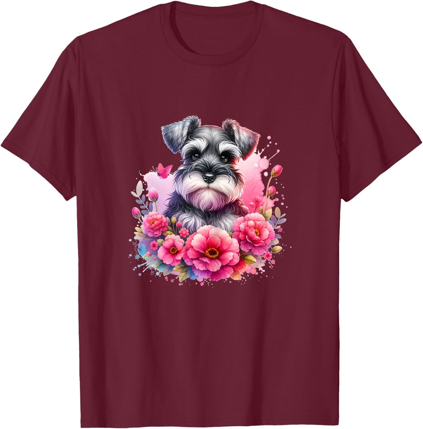 Watercolor Cute Miniature Schnauzer Dog Mom Pink Flowers T-Shirt - T-Shirt | Maroon