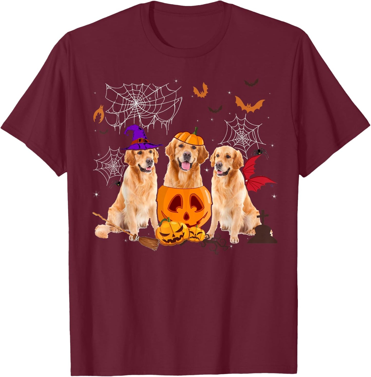 Funny Pumpkin Witch Golden Retriever Dog Halloween Gifts Women Kids T-Shirt - T-Shirt | Maroon