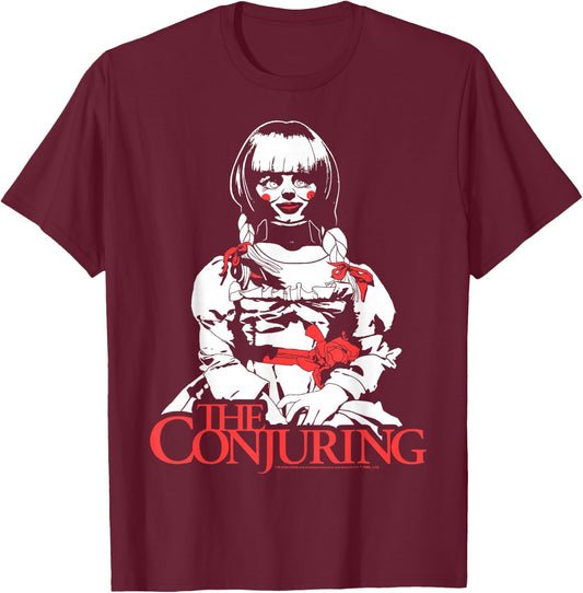 The Conjuring Adult - Annabelle Horror Movie Shirt - Black - Short Sleeve - Classic Fit - Halloween - Cartoon Pattern T-Shirt - T-Shirt | Maroon