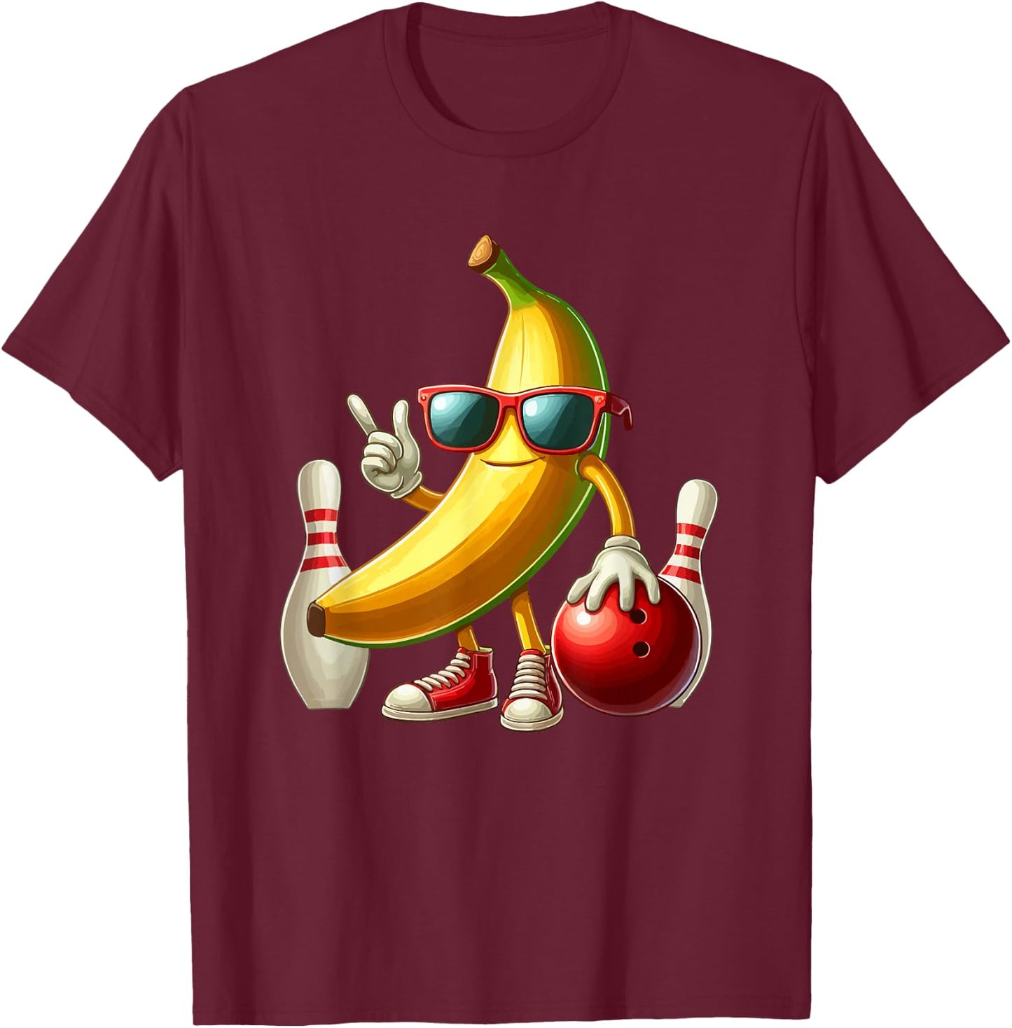 Banana Sunglasses Playing Bowling Funny Fruit Sport Player T-Shirt - T-Shirt | Maroon