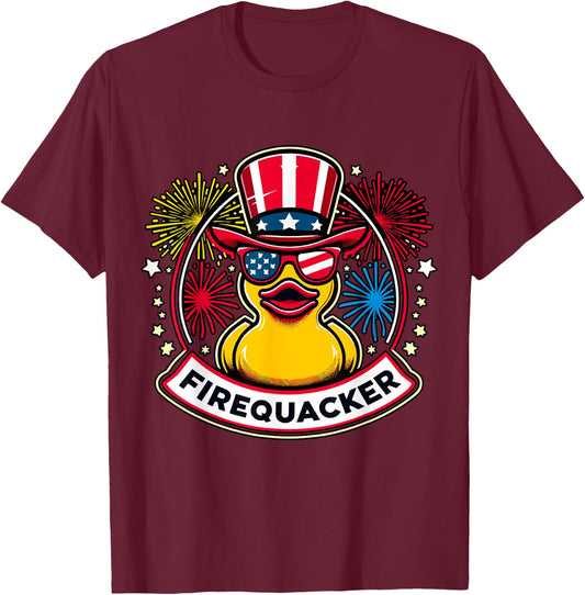 Firequacker 4th of July Rubber Duck USA Flag T-Shirt - T-Shirt | Maroon
