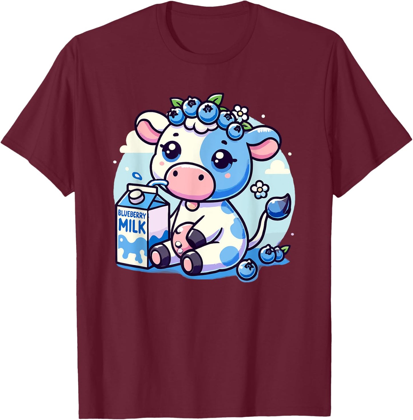 Cute Kawaii Blueberry Milk Cow Animal Milkshake T-Shirt - T-Shirt | Maroon