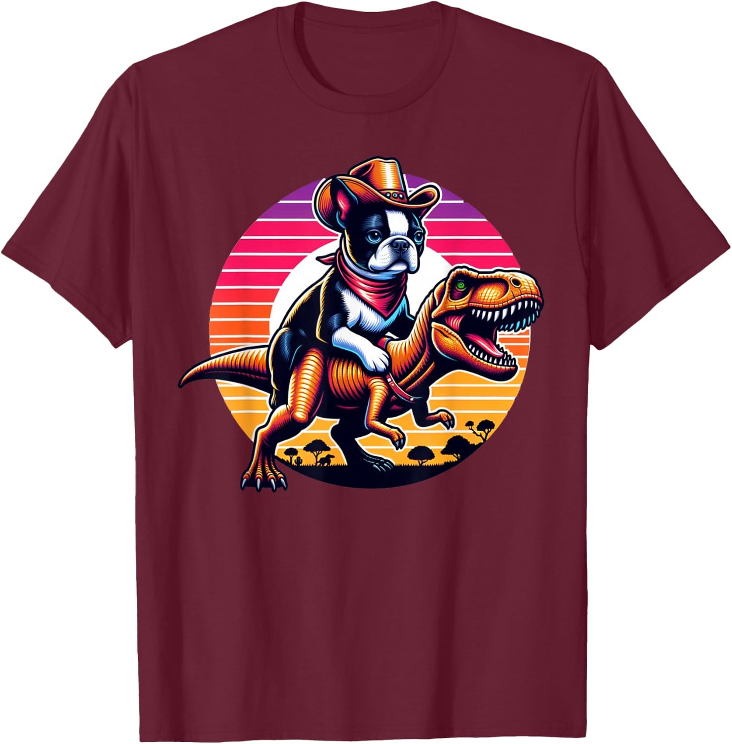 Boston Terrier Wearing A Cowboy Hat On T-Rex T-Shirt - T-Shirt | Maroon