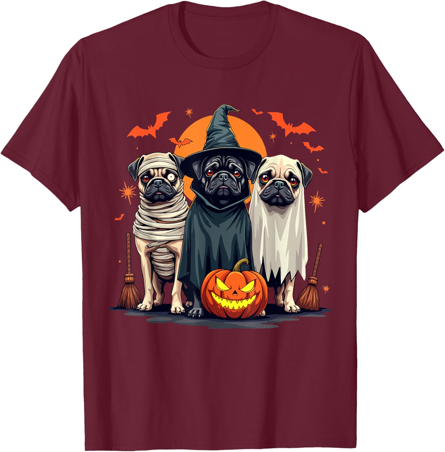 Pug Halloween Costume Mummy Witch Ghost Dog Lover T-Shirt - T-Shirt | Maroon