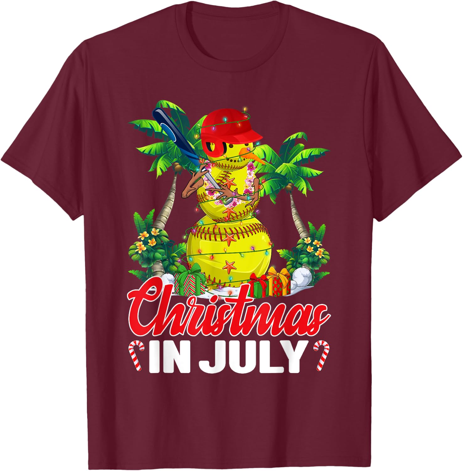 Funny Softball Santa Hat Hawaiian Christmas In July Summer T-Shirt - T-Shirt | Maroon