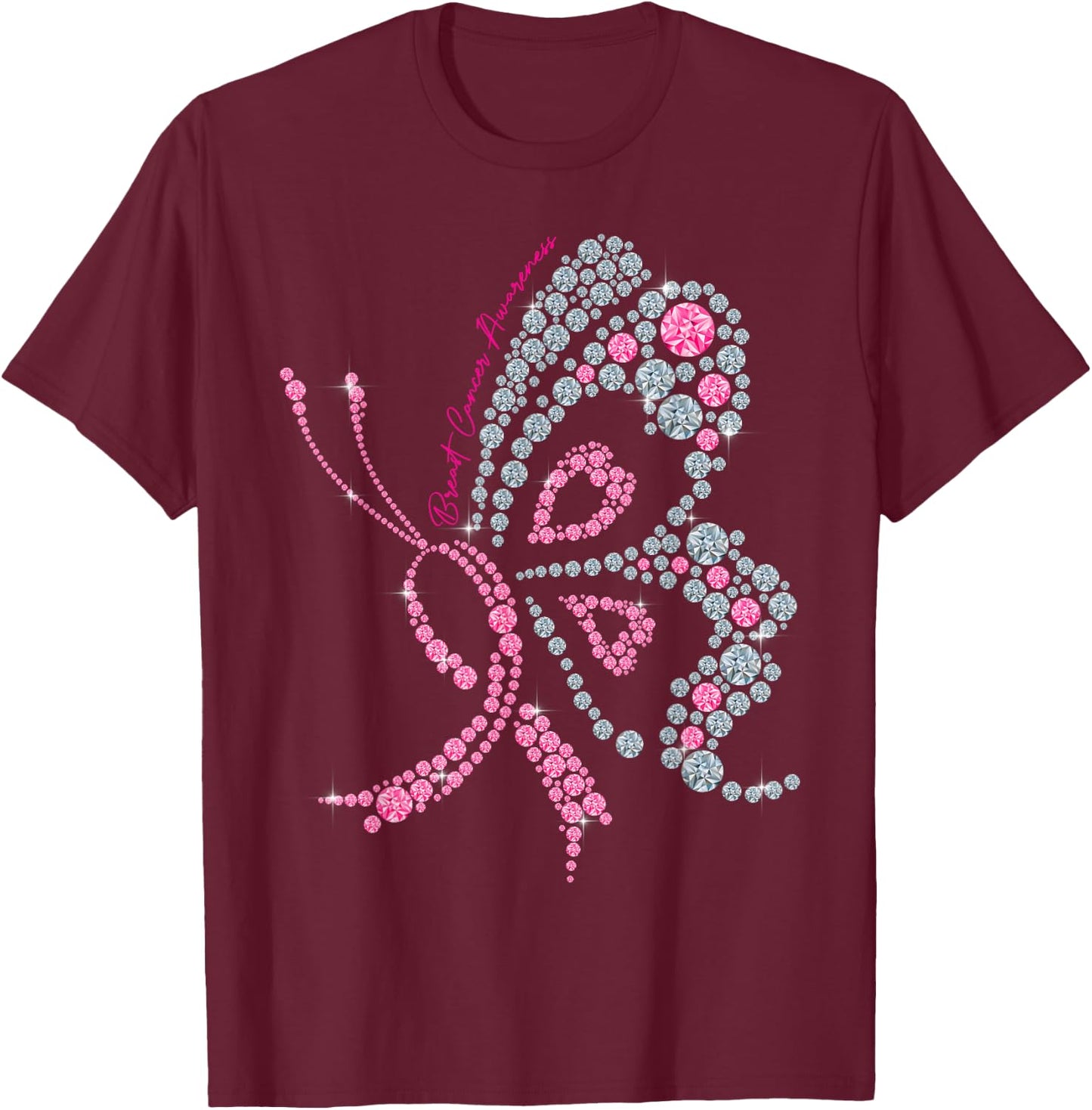 Breast Cancer Awareness Pink Butterfly Warrior Supporter T-Shirt - T-Shirt | Maroon
