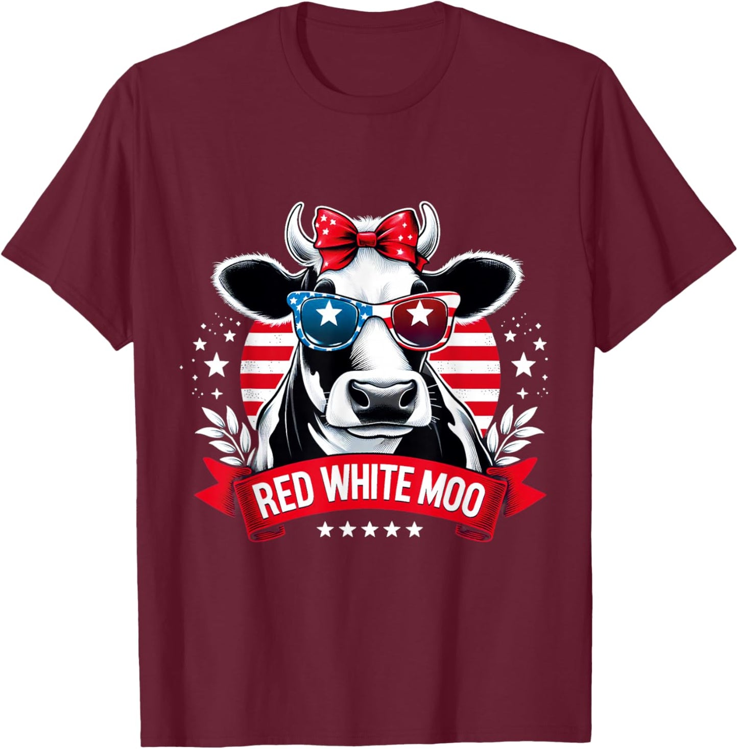 Patriotic Cow USA Flag 4th of July Red and White and Moo T-Shirt - T-Shirt | Maroon
