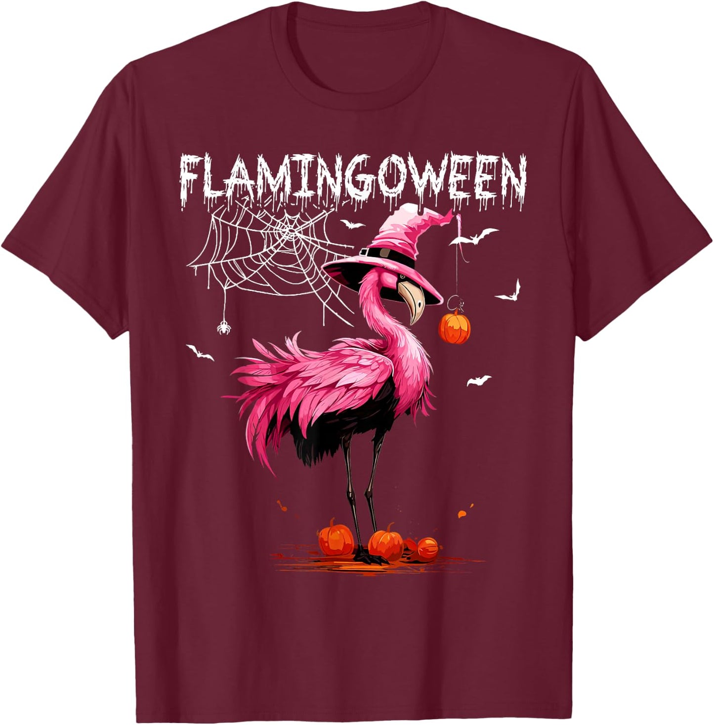 Flamingoween Pink Flamingo Witch Hat Pumpkin Halloween T-Shirt - T-Shirt | Maroon