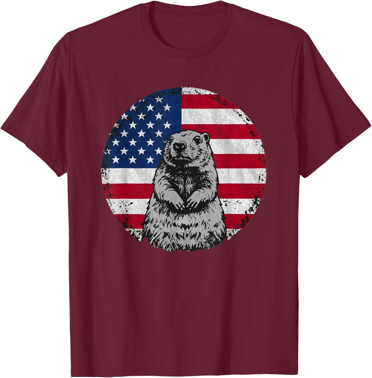 Cute Groundhog animal with American Flag T-Shirt - T-Shirt | Maroon
