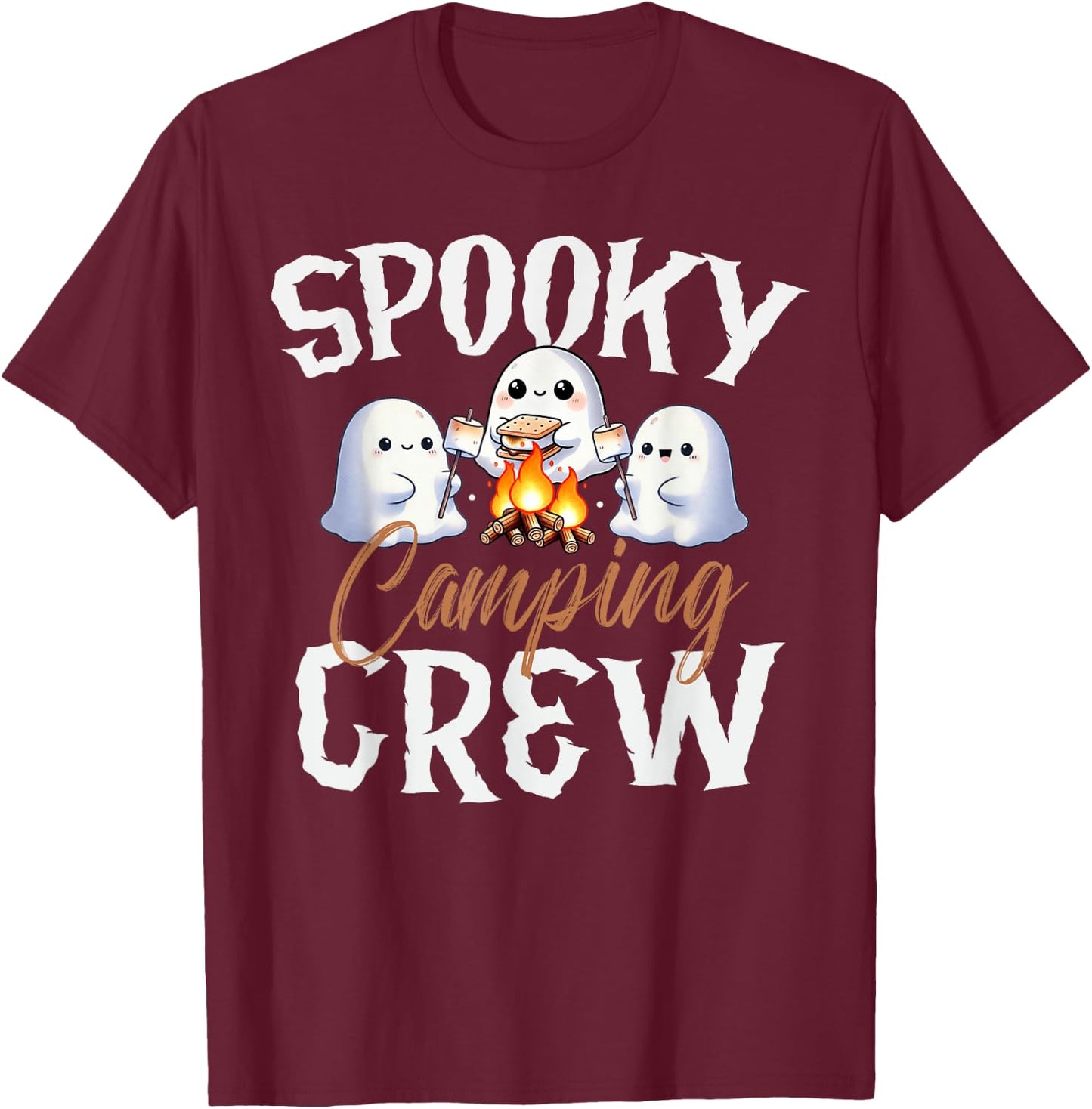 Spooky Camping Crew Halloween 2024 Campfire Happy Boo Ghost T-Shirt - T-Shirt | Maroon