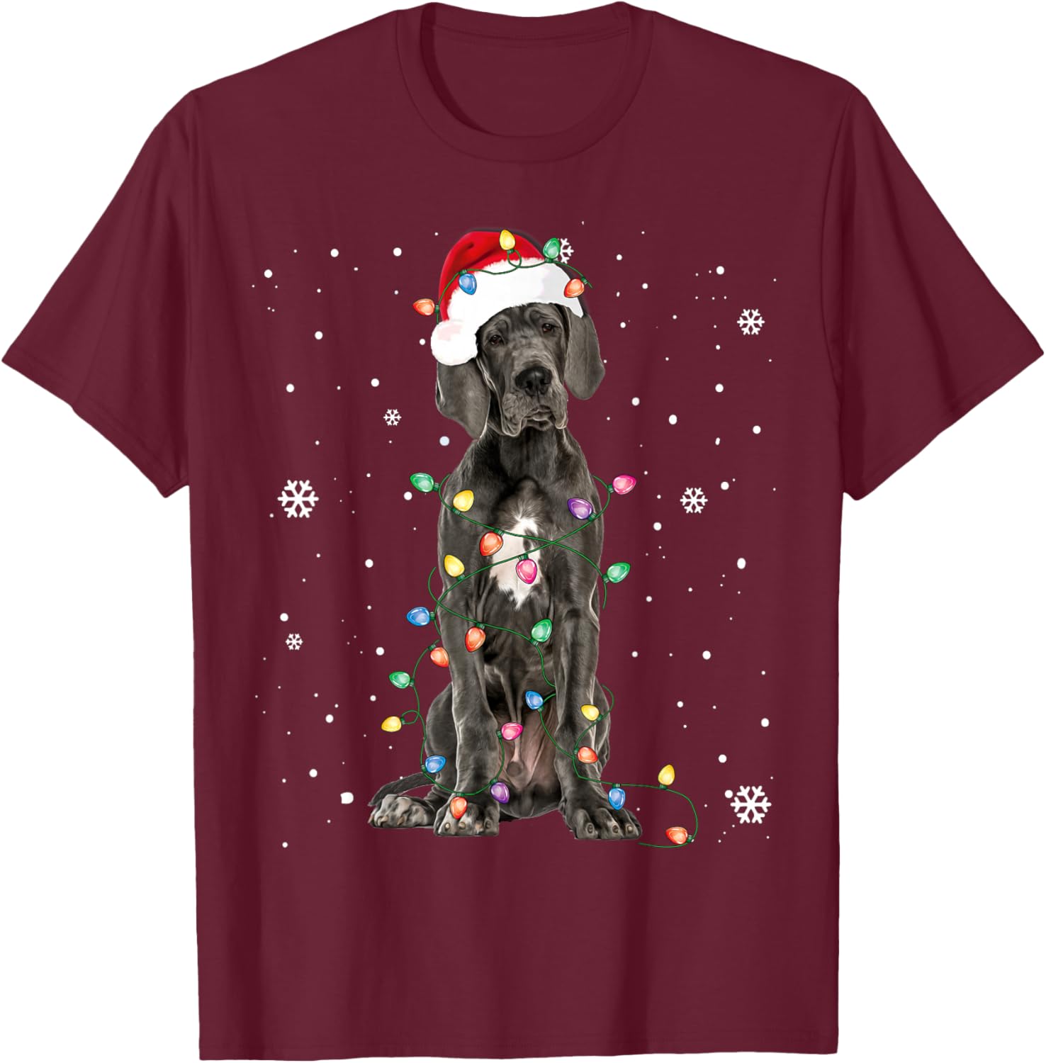 Great Dane Christmas Santa Hat Fairy Lights Pajama Dog Lover T-Shirt - T-Shirt | Maroon