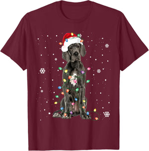 Great Dane Christmas Santa Hat Fairy Lights Pajama Dog Lover T-Shirt - T-Shirt | Maroon