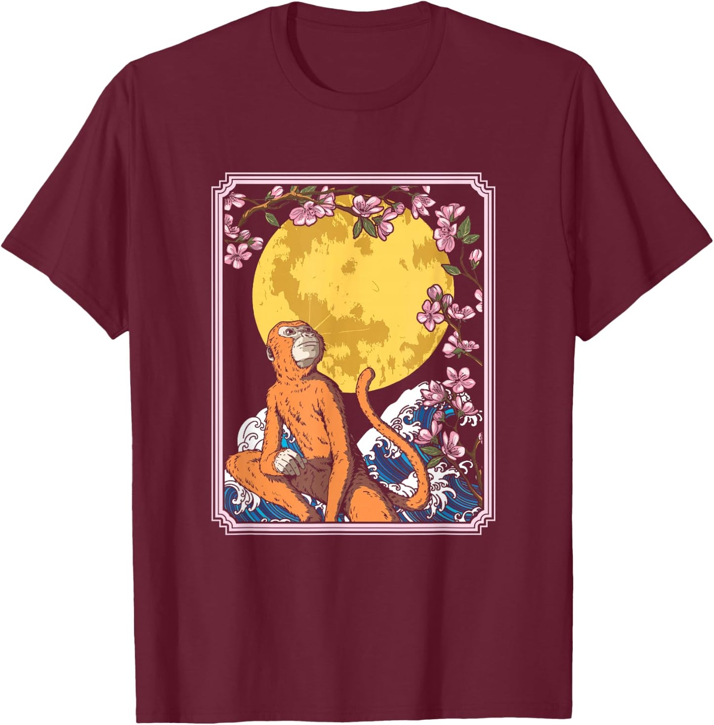 Japan Monkey Ape Animal - Primate Cherry Blossom Moon T-Shirt - T-Shirt | Maroon