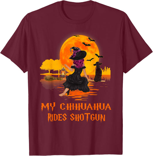 My Chihuahua Rides Shotgun Dog and Witch Funny Halloween Men Women Kids T-Shirt - T-Shirt | Maroon